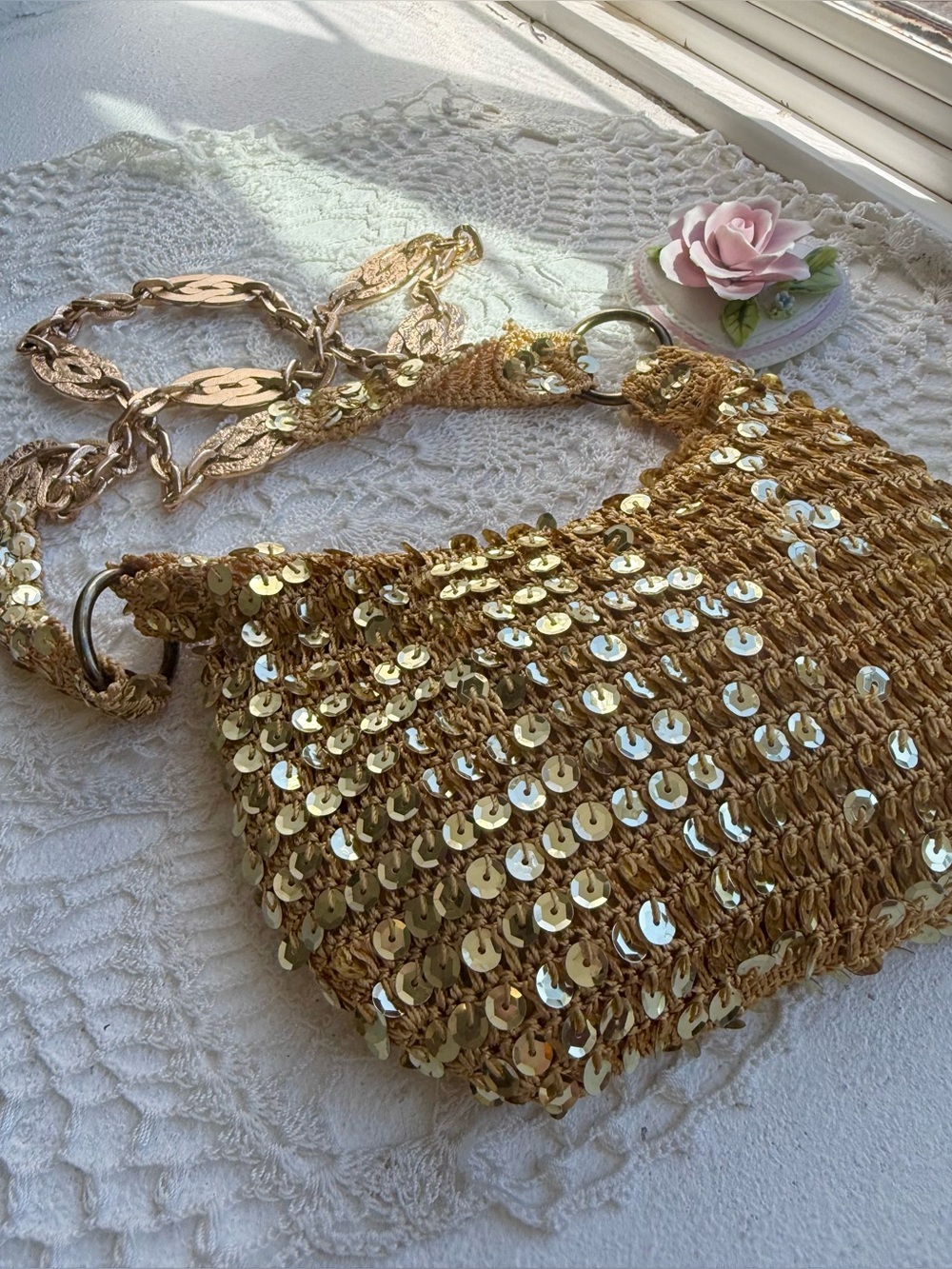 Y2K Bisou Bisou Gold Sequin Crochet Chain Crossbody Bag Boho Glam